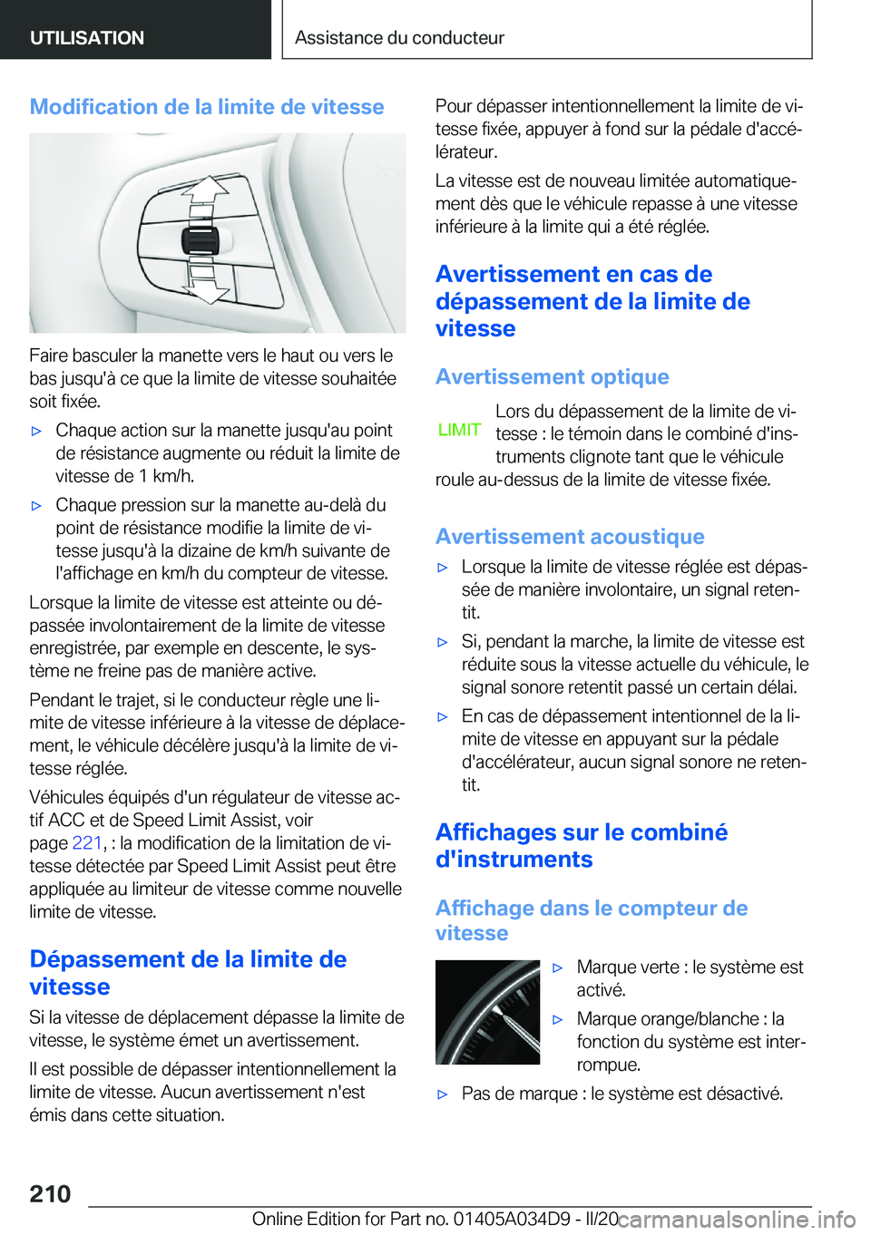 BMW X3 2020  Notices Demploi (in French) �M�o�d�i�f�i�c�a�t�i�o�n��d�e��l�a��l�i�m�i�t�e��d�e��v�i�t�e�s�s�e
�F�a�i�r�e��b�a�s�c�u�l�e�r��l�a��m�a�n�e�t�t�e��v�e�r�s��l�e��h�a�u�t��o�u��v�e�r�s��l�e
�b�a�s��j�u�s�q�u�'�