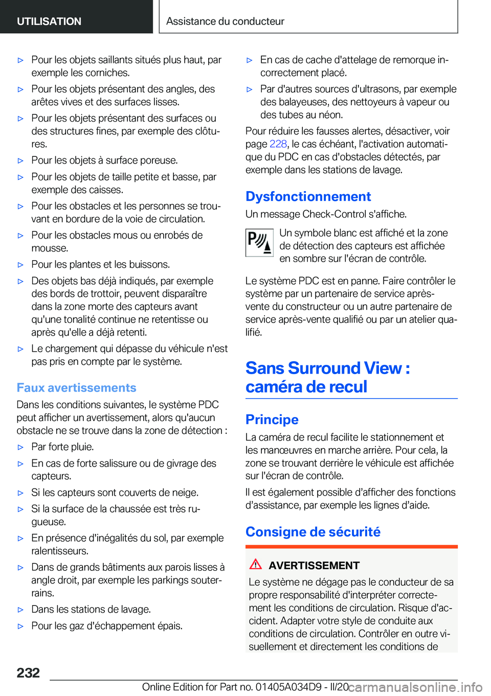 BMW X3 2020  Notices Demploi (in French) 'x�P�o�u�r��l�e�s��o�b�j�e�t�s��s�a�i�l�l�a�n�t�s��s�i�t�u�é�s��p�l�u�s��h�a�u�t�,��p�a�r�e�x�e�m�p�l�e��l�e�s��c�o�r�n�i�c�h�e�s�.'x�P�o�u�r��l�e�s��o�b�j�e�t�s��p�r�é�s�e�n�t�a