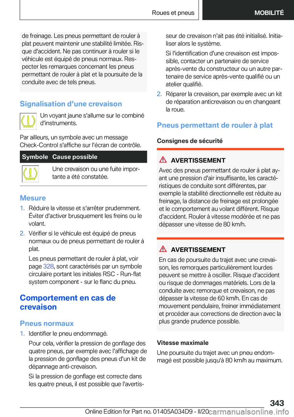 BMW X3 2020  Notices Demploi (in French) �d�e��f�r�e�i�n�a�g�e�.��L�e�s��p�n�e�u�s��p�e�r�m�e�t�t�a�n�t��d�e��r�o�u�l�e�r��