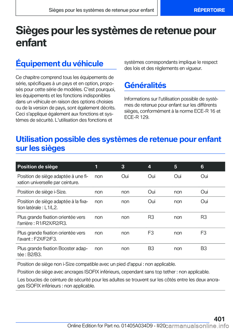 BMW X3 2020  Notices Demploi (in French) �S�i�è�g�e�s��p�o�u�r��l�e�s��s�y�s�t�è�m�e�s��d�e��r�e�t�e�n�u�e��p�o�u�r
�e�n�f�a�n�t�