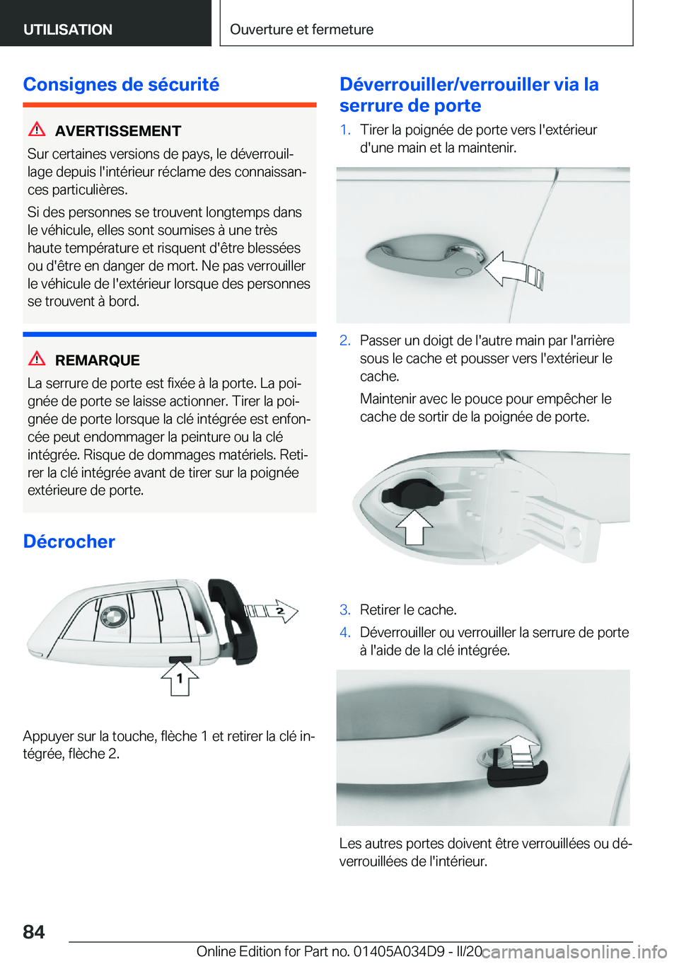 BMW X3 2020  Notices Demploi (in French) �C�o�n�s�i�g�n�e�s��d�e��s�é�c�u�r�i�t�é
�A�V�E�R�T�I�S�S�E�M�E�N�T
�S�u�r��c�e�r�t�a�i�n�e�s��v�e�r�s�i�o�n�s��d�e��p�a�y�s�,��l�e��d�é�v�e�r�r�o�u�i�lj
�l�a�g�e��d�e�p�u�i�s��l�'�i