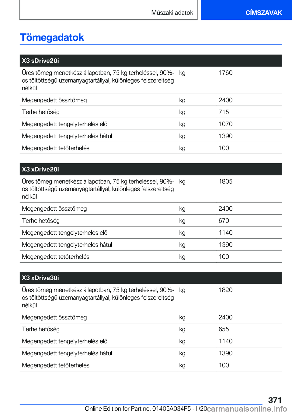 BMW X3 2020  Kezelési útmutató (in Hungarian) �T�