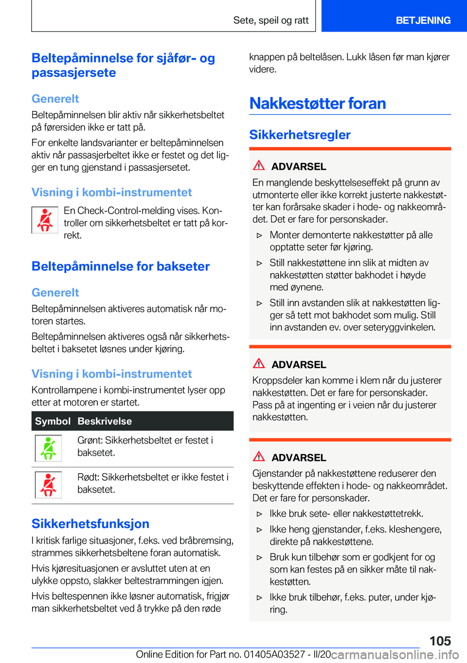 BMW X3 2020  InstruksjonsbØker (in Norwegian) �B�e�l�t�e�p�å�m�i�n�n�e�l�s�e��f�o�r��s�j�å�f�