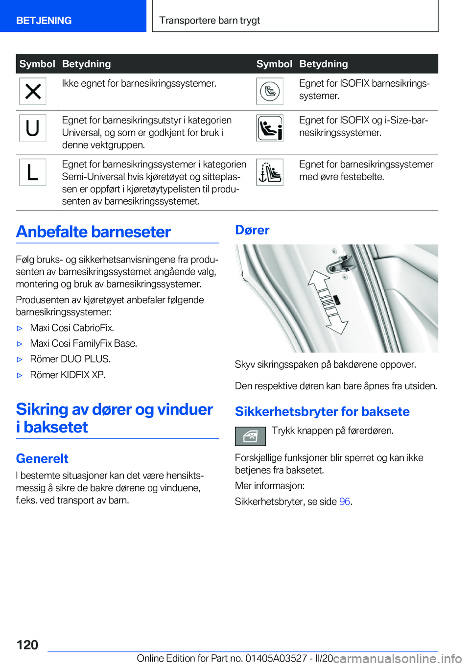 BMW X3 2020  InstruksjonsbØker (in Norwegian) �S�y�m�b�o�l�B�e�t�y�d�n�i�n�g�S�y�m�b�o�l�B�e�t�y�d�n�i�n�g�I�k�k�e��e�g�n�e�t��f�o�r��b�a�r�n�e�s�i�k�r�i�n�g�s�s�y�s�t�e�m�e�r�.�E�g�n�e�t��f�o�r��I�S�O�F�I�X��b�a�r�n�e�s�i�k�r�i�n�g�sj
�s�