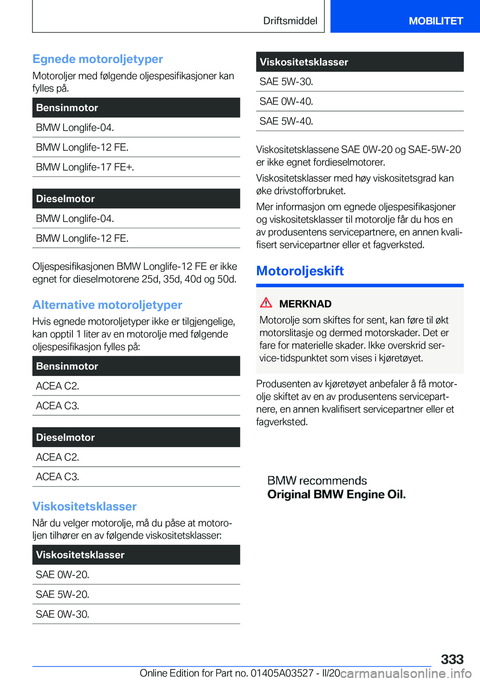 BMW X3 2020  InstruksjonsbØker (in Norwegian) �E�g�n�e�d�e��m�o�t�o�r�o�l�j�e�t�y�p�e�r
�M�o�t�o�r�o�l�j�e�r��m�e�d��f�