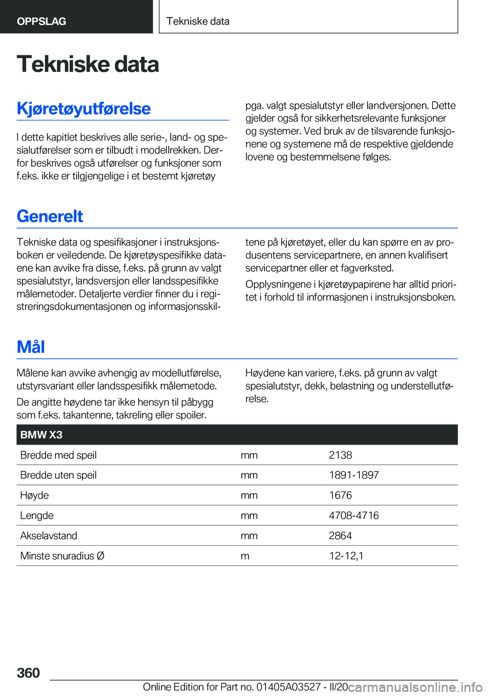BMW X3 2020  InstruksjonsbØker (in Norwegian) �T�e�k�n�i�s�k�e��d�a�t�a�K�j�