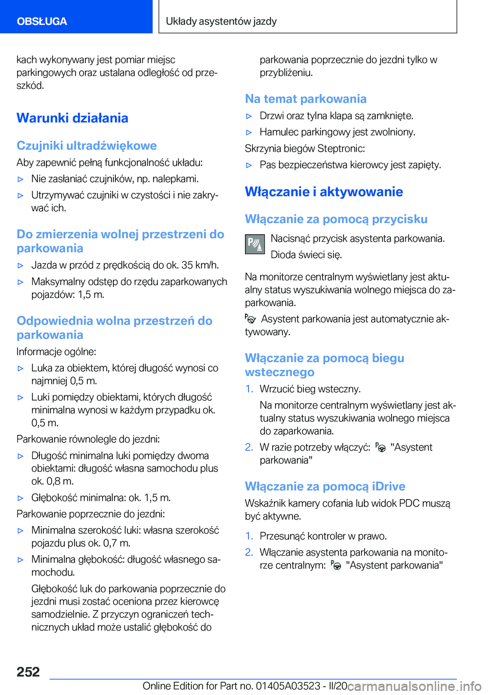 BMW X3 2020  Instrukcja obsługi (in Polish) �k�a�c�h��w�y�k�o�n�y�w�a�n�y��j�e�s�t��p�o�m�i�a�r��m�i�e�j�s�c
�p�a�r�k�i�n�g�o�w�y�c�h��o�r�a�z��u�s�t�a�l�a�n�a��o�d�l�e�g�ł�o�