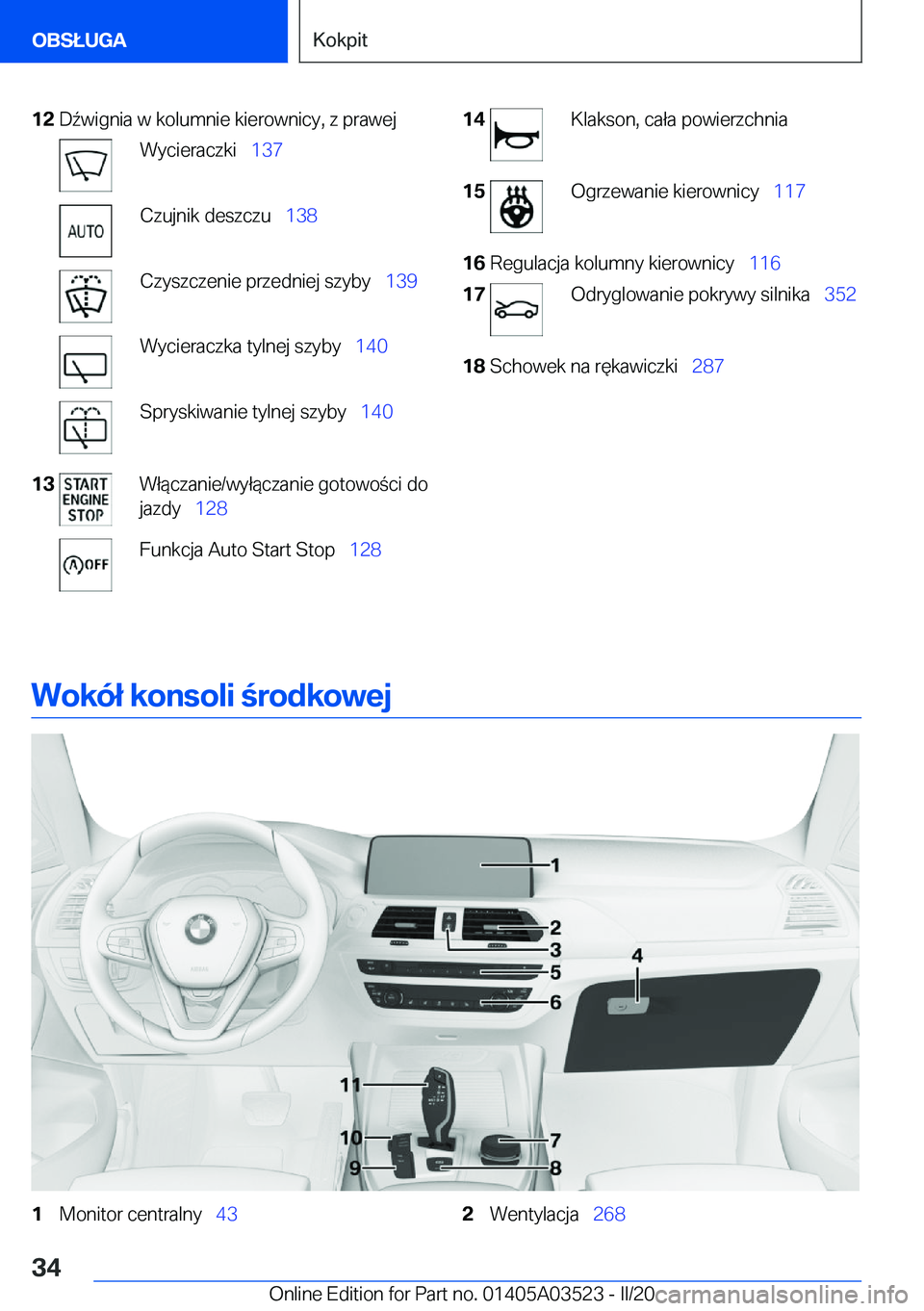 BMW X3 2020  Instrukcja obsługi (in Polish) �1�2�D7�w�i�g�n�i�a��w��k�o�l�u�m�n�i�e��k�i�e�r�o�w�n�i�c�y�,��z��p�r�a�w�e�j�W�y�c�i�e�r�a�c�z�k�i\_�1�3�7�C�z�u�j�n�i�k��d�e�s�z�c�z�u\_ �1�3�8�C�z�y�s�z�c�z�e�n�i�e��p�r�z�e�d�n�i�e�j�