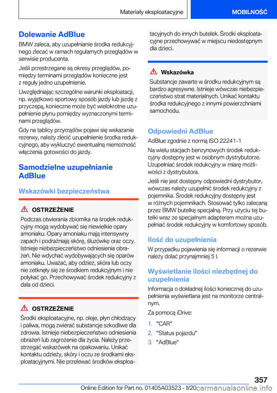 BMW X3 2020  Instrukcja obsługi (in Polish) �D�o�l�e�w�a�n�i�e��A�d�B�l�u�e�B�M�W��z�a�l�e�c�a�,��a�b�y��u�z�u�p�e�ł�n�i�a�n�i�e��r�o�d�k�a��r�e�d�u�k�c�y�jj
�n�e�g�o��z�l�e�c�a�