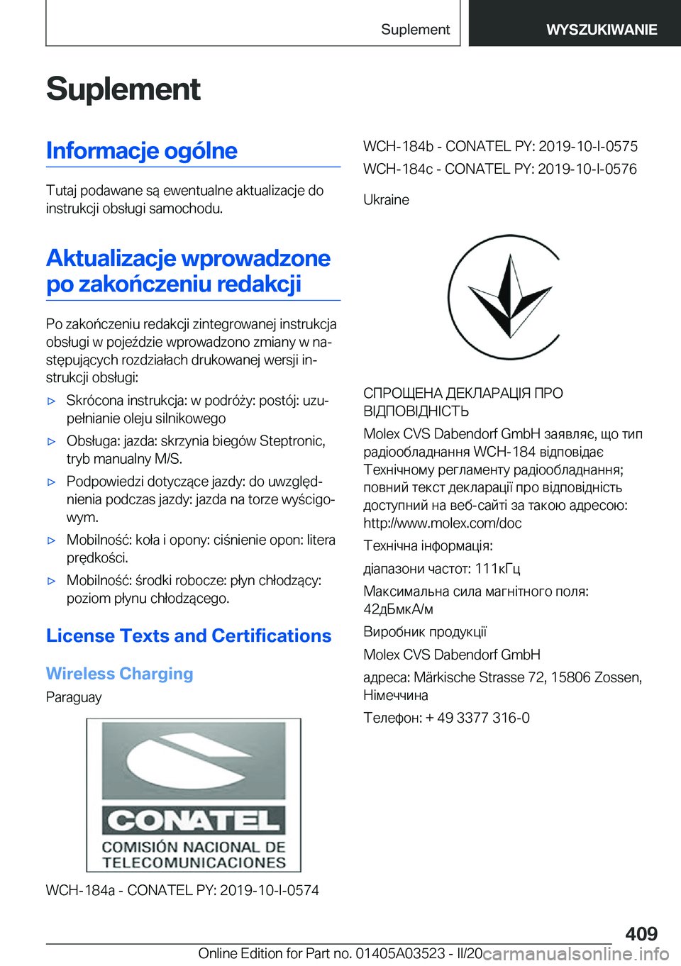 BMW X3 2020  Instrukcja obsługi (in Polish) �S�u�p�l�e�m�e�n�t�I�n�f�o�r�m�a�c�j�e��o�g�