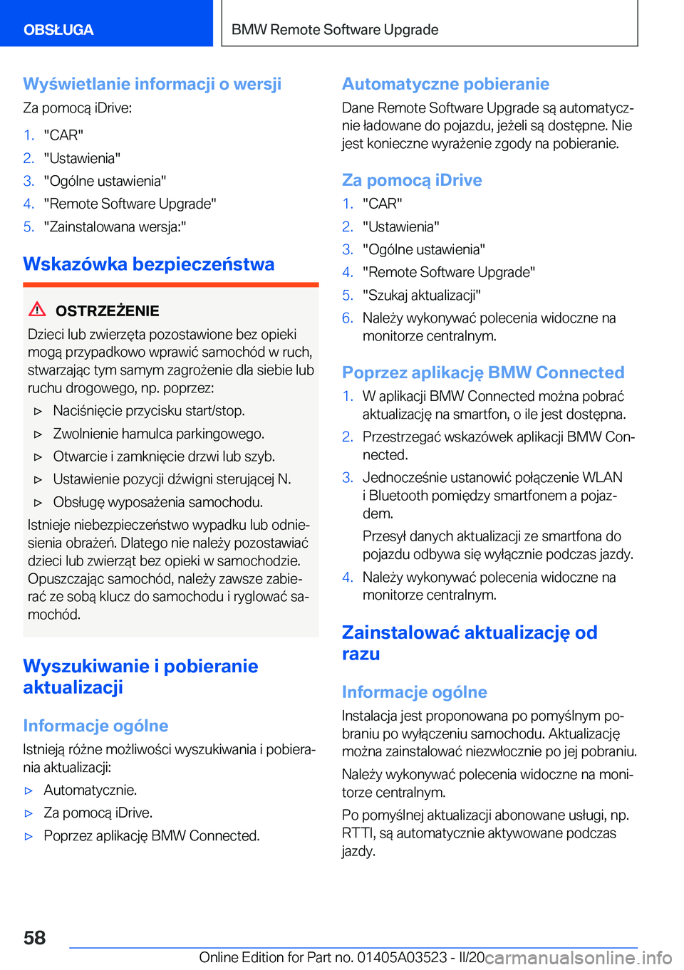 BMW X3 2020  Instrukcja obsługi (in Polish) �W�y�w�i�e�t�l�a�n�i�e��i�n�f�o�r�m�a�c�j�i��o��w�e�r�s�j�i�Z�a��p�o�m�o�c�