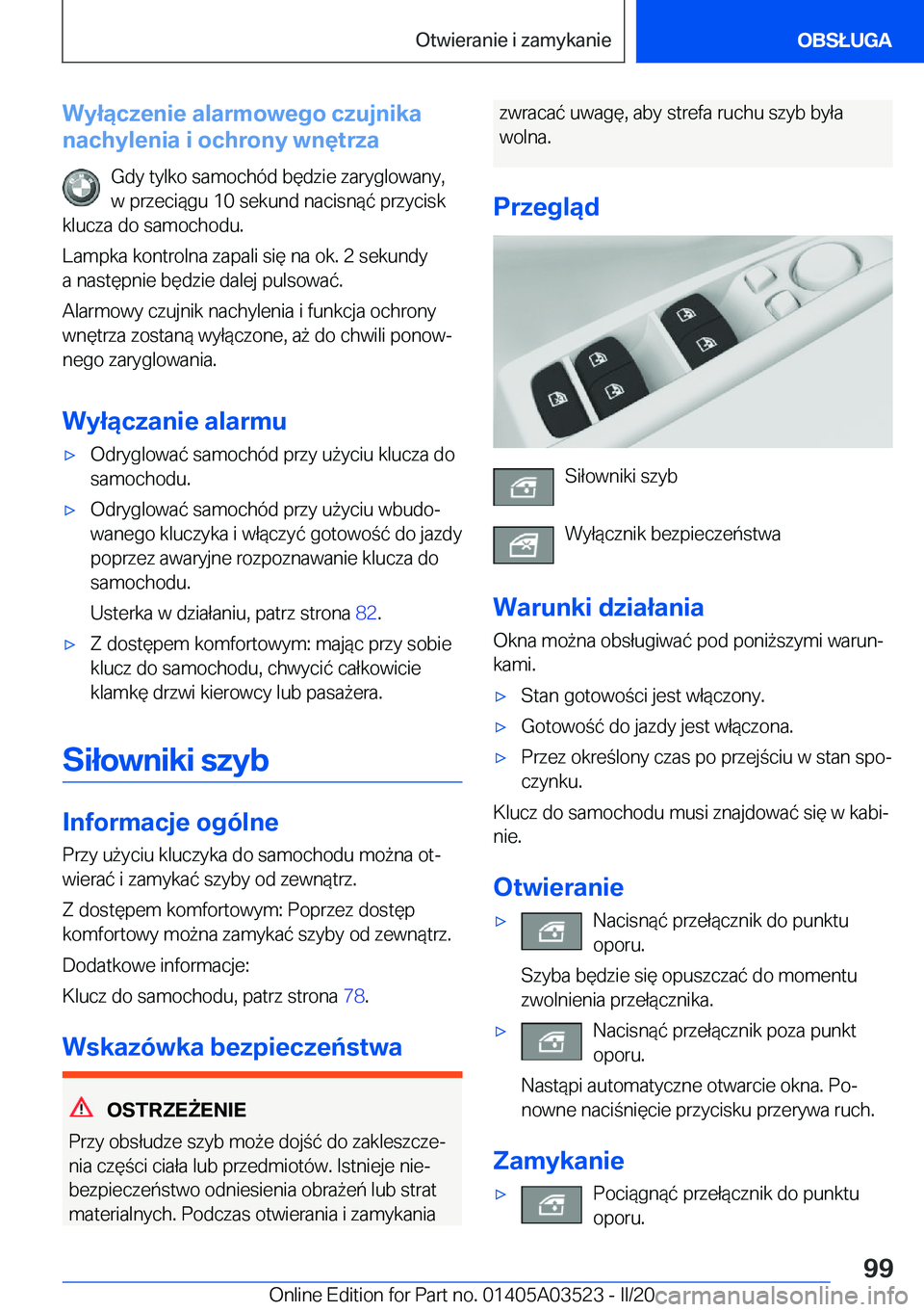 BMW X3 2020  Instrukcja obsługi (in Polish) �W�y�ł�ą�c�z�e�n�i�e��a�l�a�r�m�o�w�e�g�o��c�z�u�j�n�i�k�a
�n�a�c�h�y�l�e�n�i�a��i��o�c�h�r�o�n�y��w�n�