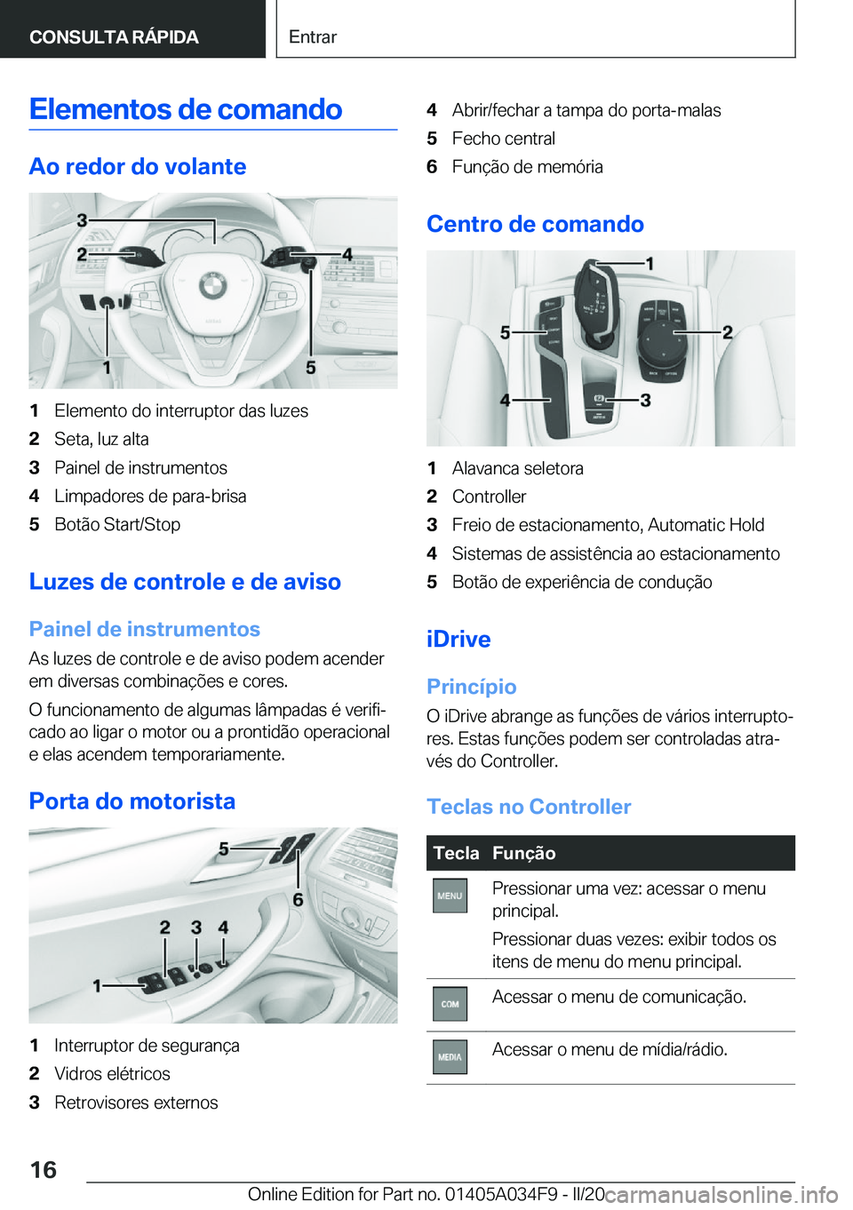 BMW X3 2020  Manual do condutor (in Portuguese) �E�l�e�m�e�n�t�o�s��d�e��c�o�m�a�n�d�o
�A�o��r�e�d�o�r��d�o��v�o�l�a�n�t�e
�1�E�l�e�m�e�n�t�o��d�o��i�n�t�e�r�r�u�p�t�o�r��d�a�s��l�u�z�e�s�2�S�e�t�a�,��l�u�z��a�l�t�a�3�P�a�i�n�e�l��d�e�