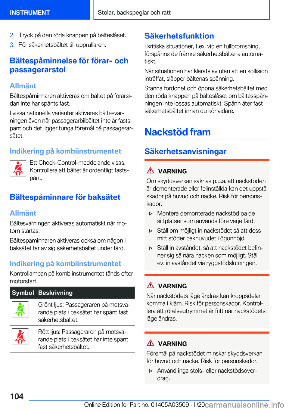 BMW X3 2020  InstruktionsbÖcker (in Swedish) �2�.�T�r�y�c�k��p�å��d�e�n��r�