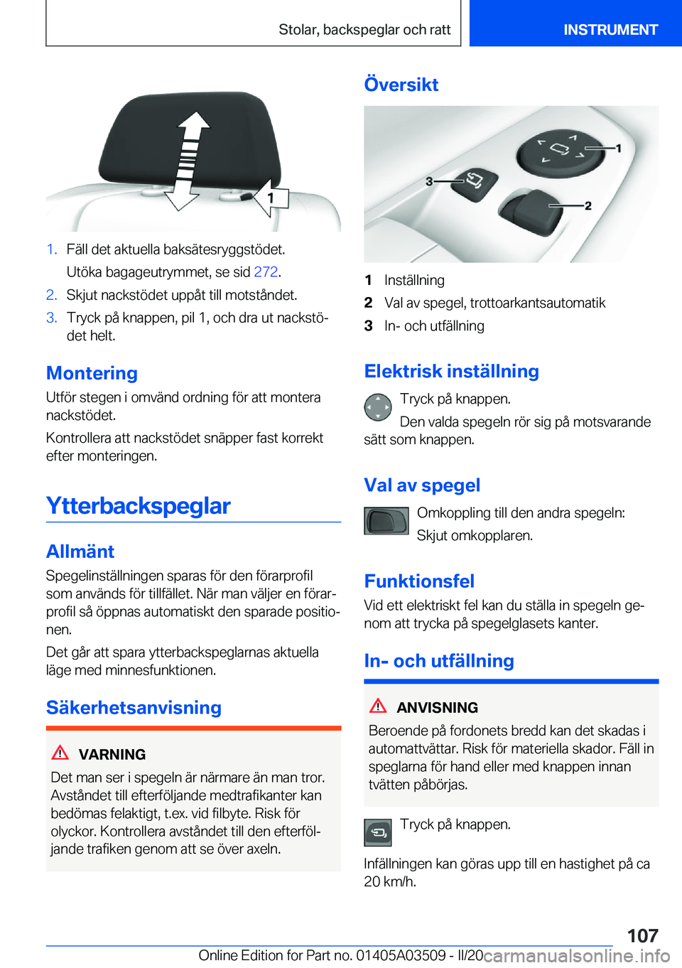 BMW X3 2020  InstruktionsbÖcker (in Swedish) �1�.�F�ä�l�l��d�e�t��a�k�t�u�e�l�l�a��b�a�k�s�ä�t�e�s�r�y�g�g�s�t�