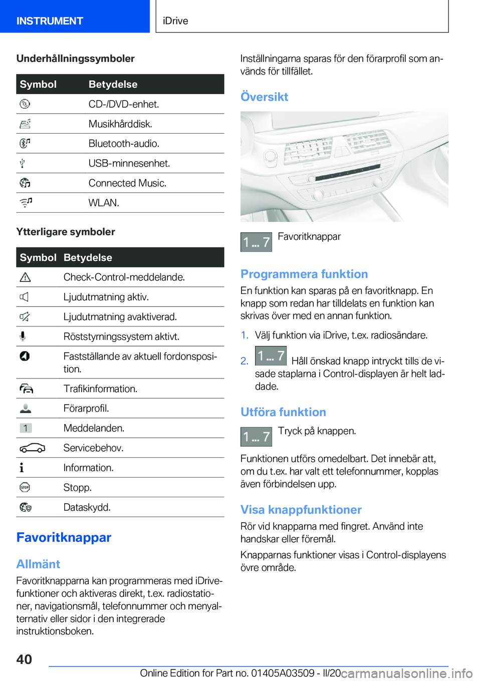 BMW X3 2020  InstruktionsbÖcker (in Swedish) �U�n�d�e�r�h�å�l�l�n�i�n�g�s�s�y�m�b�o�l�e�r�S�y�m�b�o�l�B�e�t�y�d�e�l�s�e��C�D�-�/�D�V�D�-�e�n�h�e�t�.��M�u�s�i�k�h�å�r�d�d�i�s�k�.��B�l�u�e�t�o�o�t�h�-�a�u�d�i�o�.��U�S�B�-�m�i�n�n�e�s�e�n�h�e
