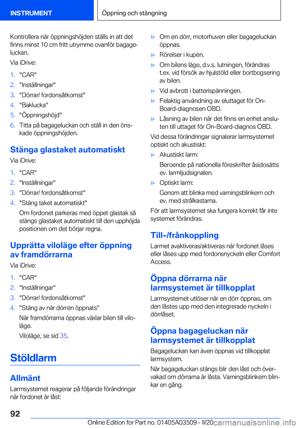 BMW X3 2020  InstruktionsbÖcker (in Swedish) �K�o�n�t�r�o�l�l�e�r�a��n�ä�r��