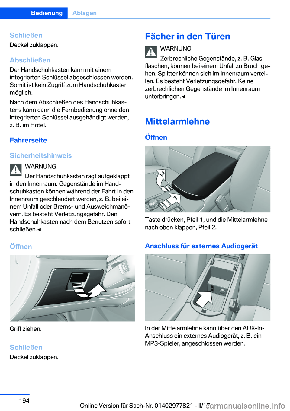 BMW X3 2017  Betriebsanleitungen (in German) �S�c�h�l�i�e�