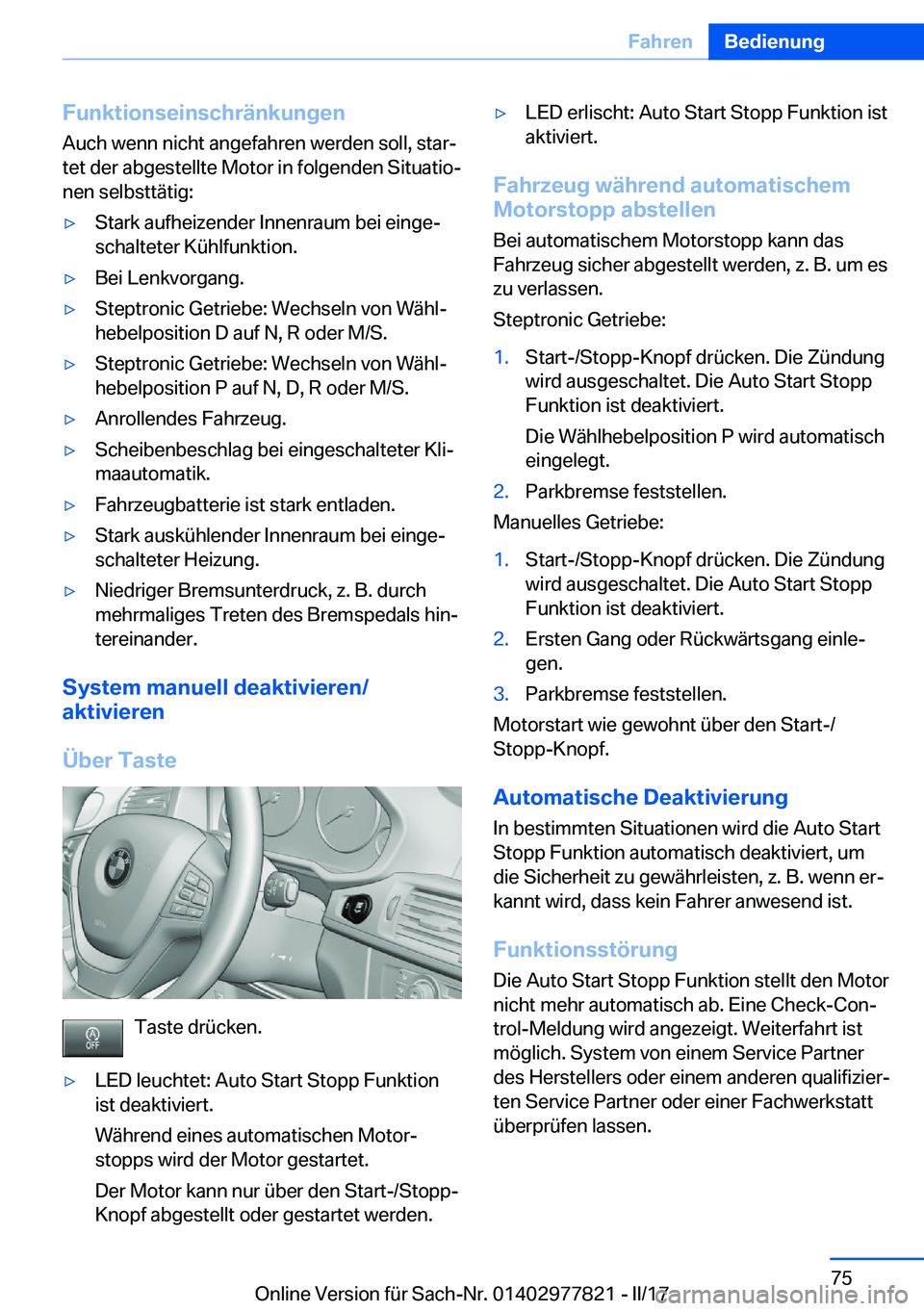 BMW X3 2017  Betriebsanleitungen (in German) �F�u�n�k�t�i�o�n�s�e�i�n�s�c�h�r�