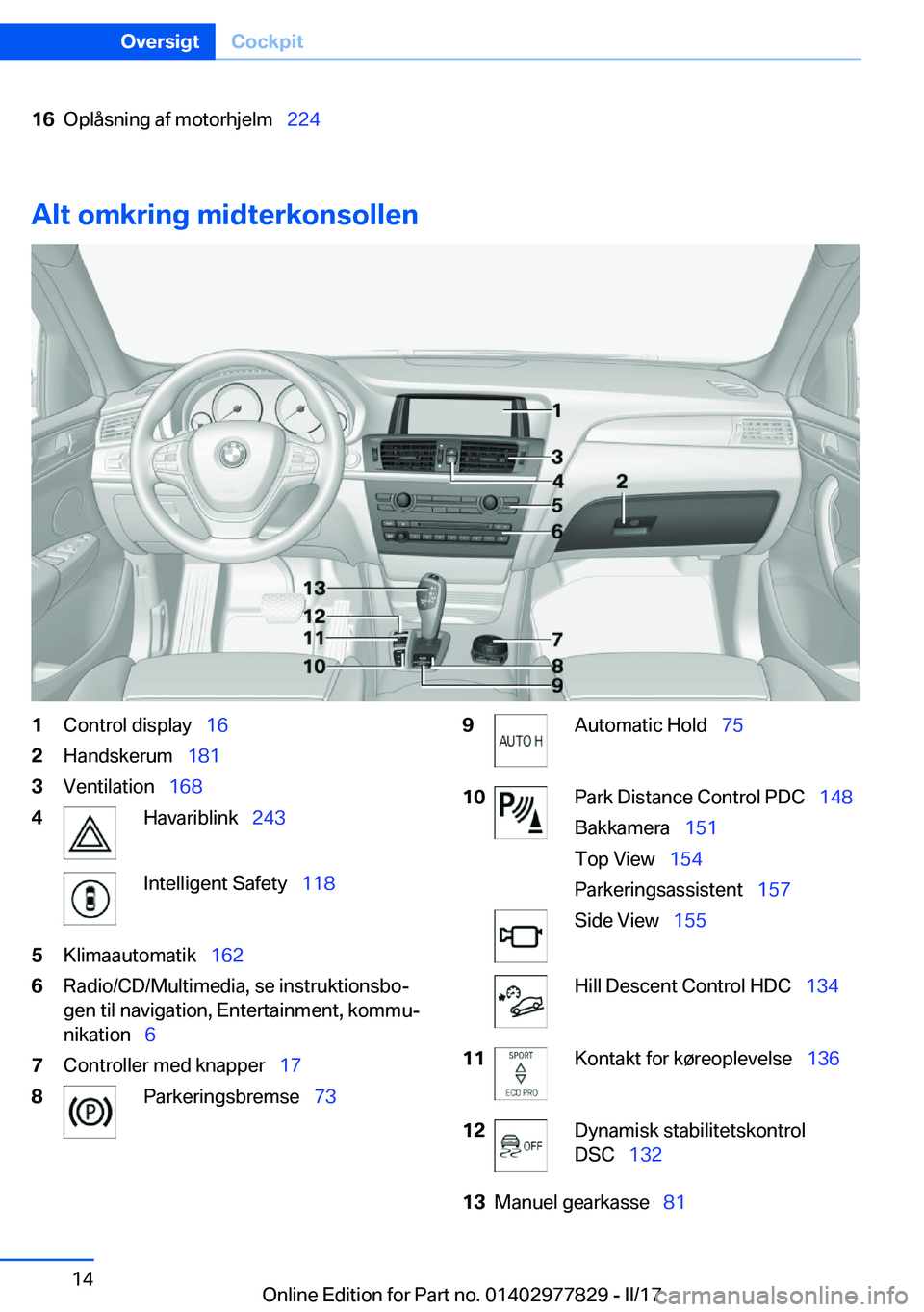 BMW X3 2017  InstruktionsbØger (in Danish) �1�6�O�p�l�å�s�n�i�n�g� �a�f� �m�o�t�o�r�h�j�e�l�m\_�2�2�4
�A�l�t��o�m�k�r�i�n�g��m�i�d�t�e�r�k�o�n�s�o�l�l�e�n
�1�C�o�n�t�r�o�l� �d�i�s�p�l�a�y\_�1�6�2�H�a�n�d�s�k�e�r�u�m\_�1�8�1�3�V�e�n�t�