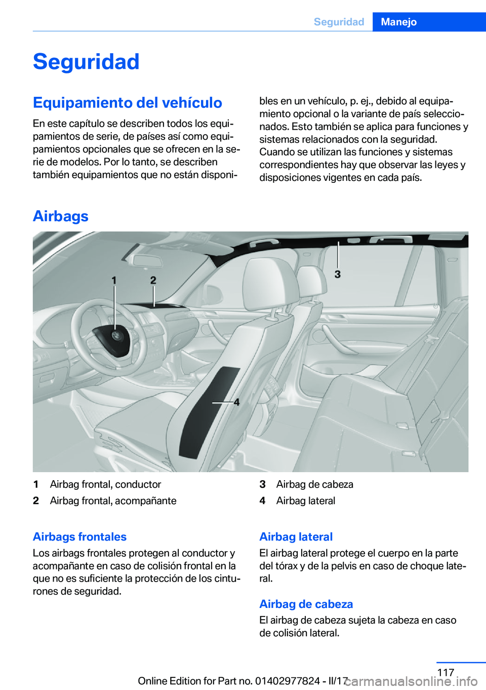 BMW X3 2017  Manuales de Empleo (in Spanish) �S�e�g�u�r�i�d�a�d�E�q�u�i�p�a�m�i�e�n�t�o��d�e�l��v�e�h�