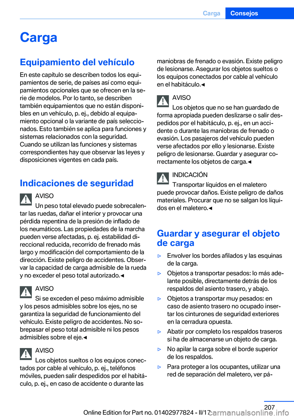BMW X3 2017  Manuales de Empleo (in Spanish) �C�a�r�g�a�E�q�u�i�p�a�m�i�e�n�t�o��d�e�l��v�e�h�