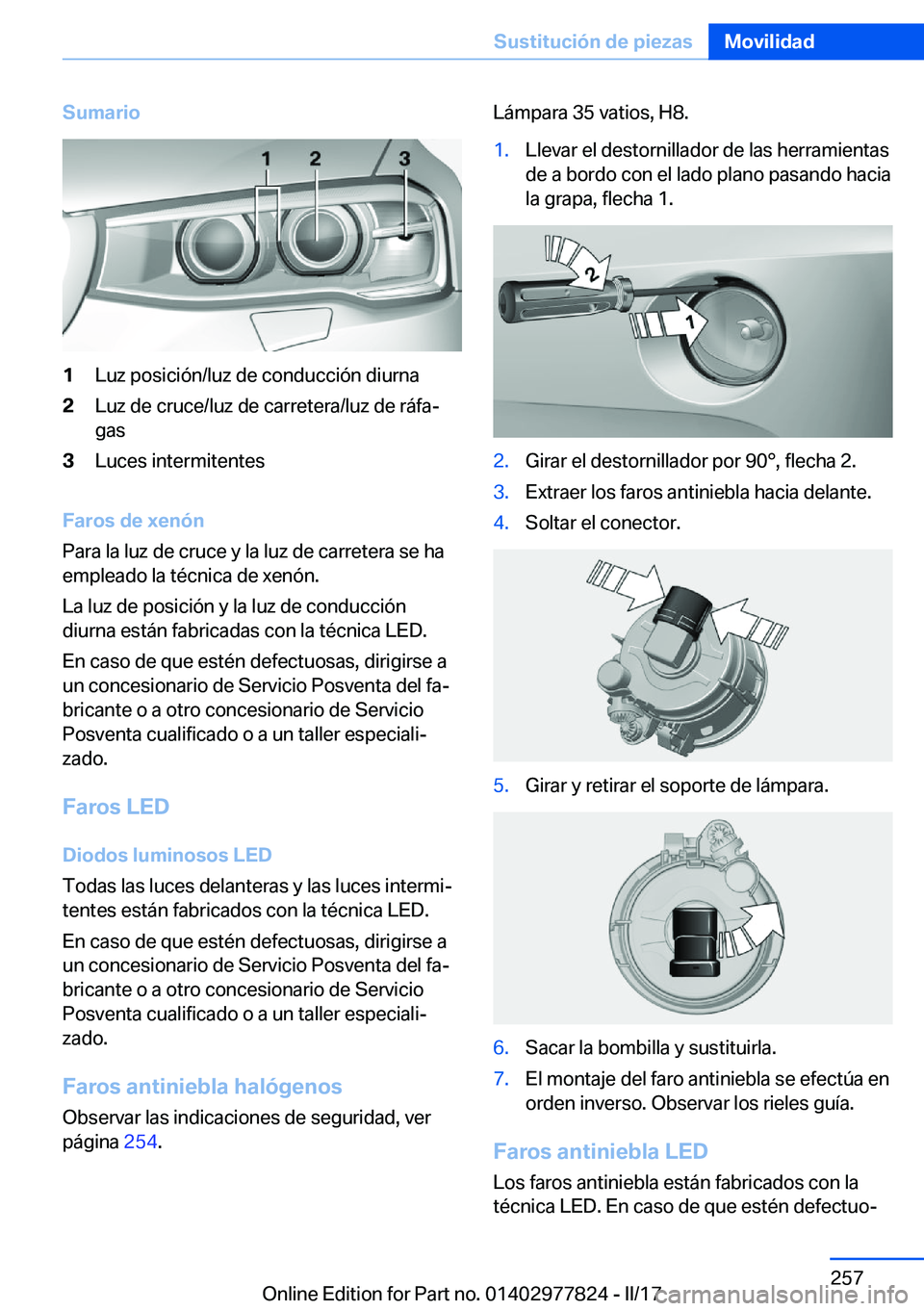 BMW X3 2017  Manuales de Empleo (in Spanish) �S�u�m�a�r�i�o�1�L�u�z� �p�o�s�i�c�i�