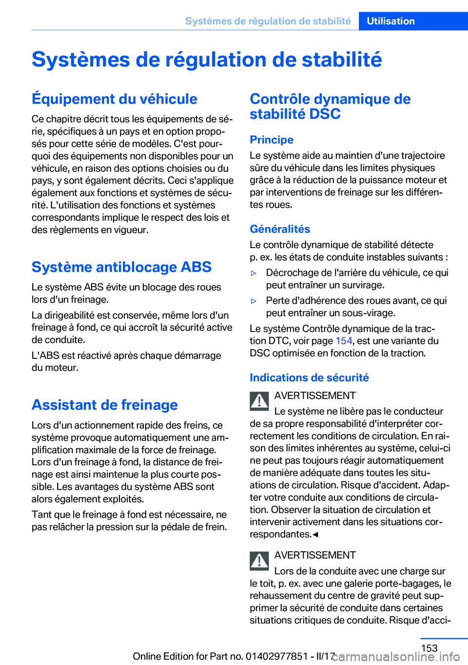 BMW X3 2017  Notices Demploi (in French) �S�y�s�t�è�m�e�s��d�e��r�é�g�u�l�a�t�i�o�n��d�e��s�t�a�b�i�l�i�t�é�