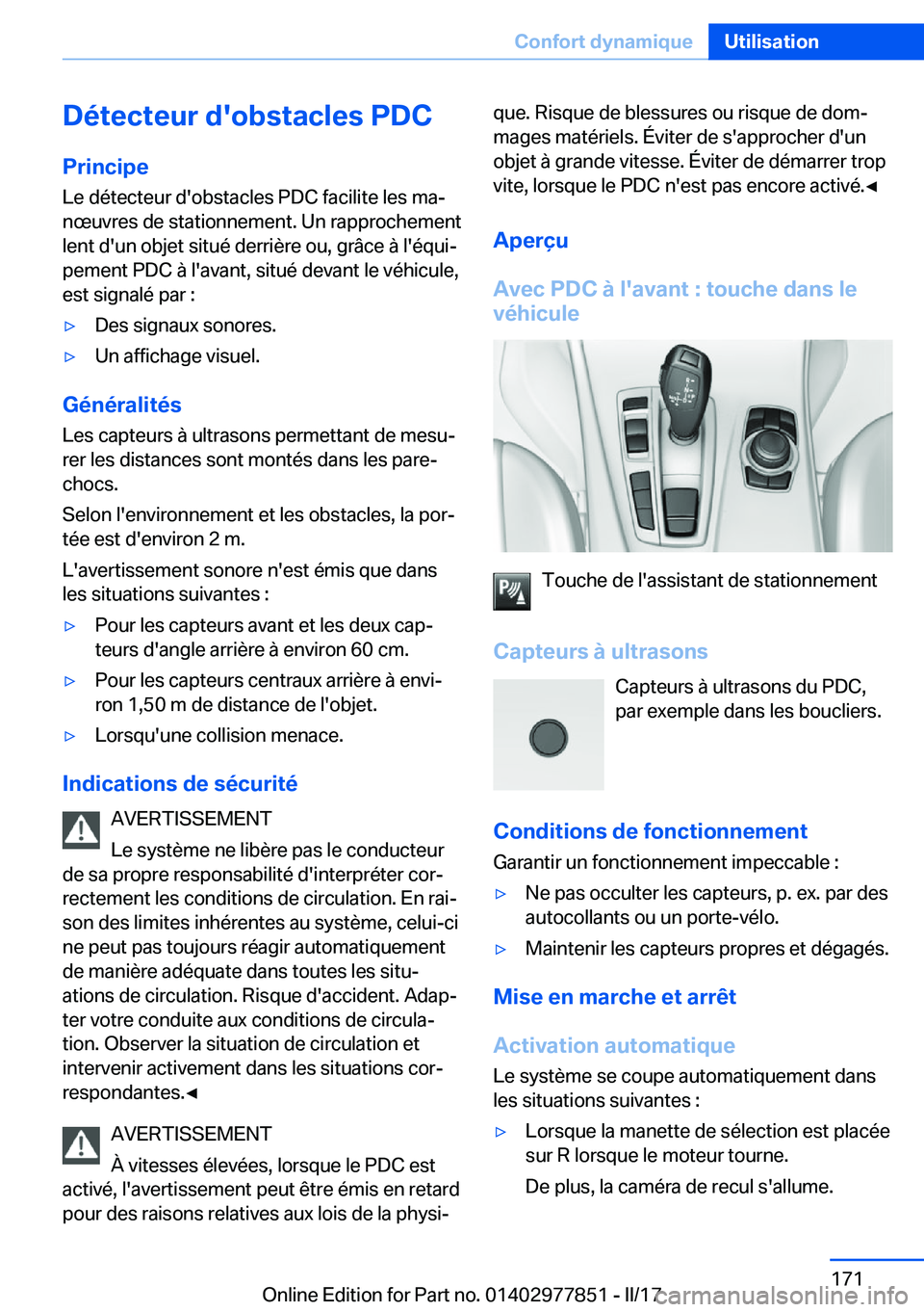 BMW X3 2017  Notices Demploi (in French) �D�é�t�e�c�t�e�u�r��d�'�o�b�s�t�a�c�l�e�s��P�D�C
�P�r�i�n�c�i�p�e �L�e� �d�é�t�e�c�t�e�u�r� �d�'�o�b�s�t�a�c�l�e�s� �P�D�C� �f�a�c�i�l�i�t�e� �l�e�s� �m�aj�n�