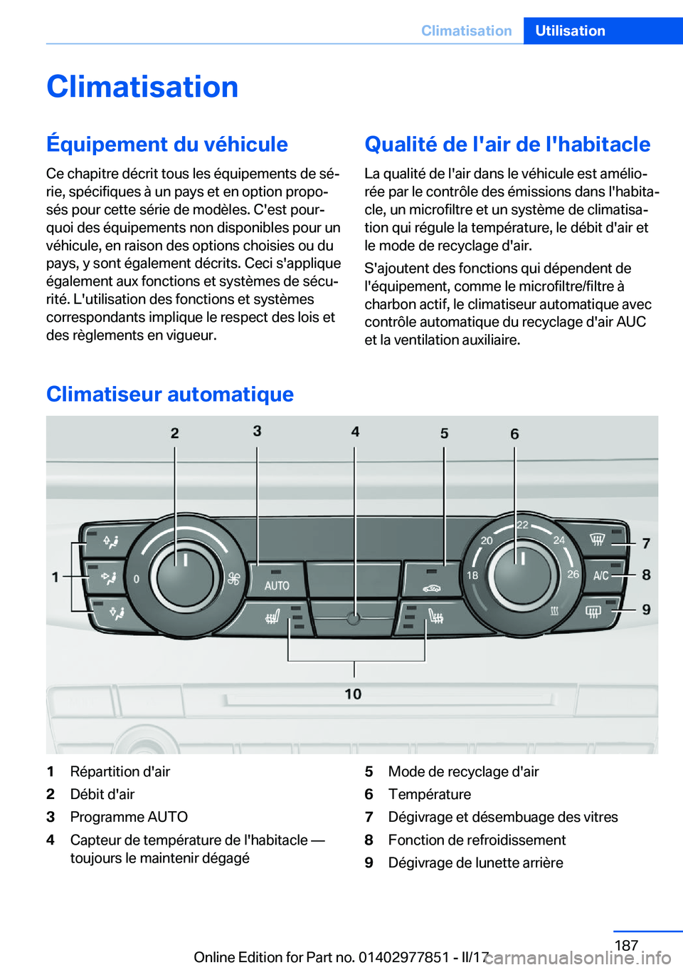 BMW X3 2017  Notices Demploi (in French) �C�l�i�m�a�t�i�s�a�t�i�o�n�