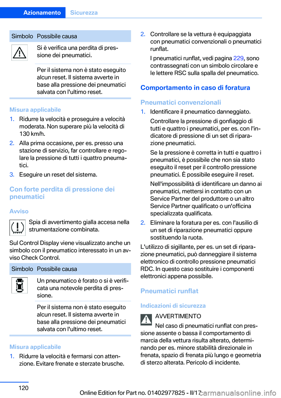 BMW X3 2017  Libretti Di Uso E manutenzione (in Italian) �S�i�m�b�o�l�o�P�o�s�s�i�b�i�l�e� �c�a�u�s�a�S�i� �è� �v�e�r�i�f�i�c�a� �u�n�a� �p�e�r�d�i�t�a� �d�i� �p�r�e�sª
�s�i�o�n�e� �d�e�i� �p�n�e�u�m�a�t�i�c�i�.�P�e�r� �i�l� �s�i�s�t�e�m�a� �n�o�n� �è� 