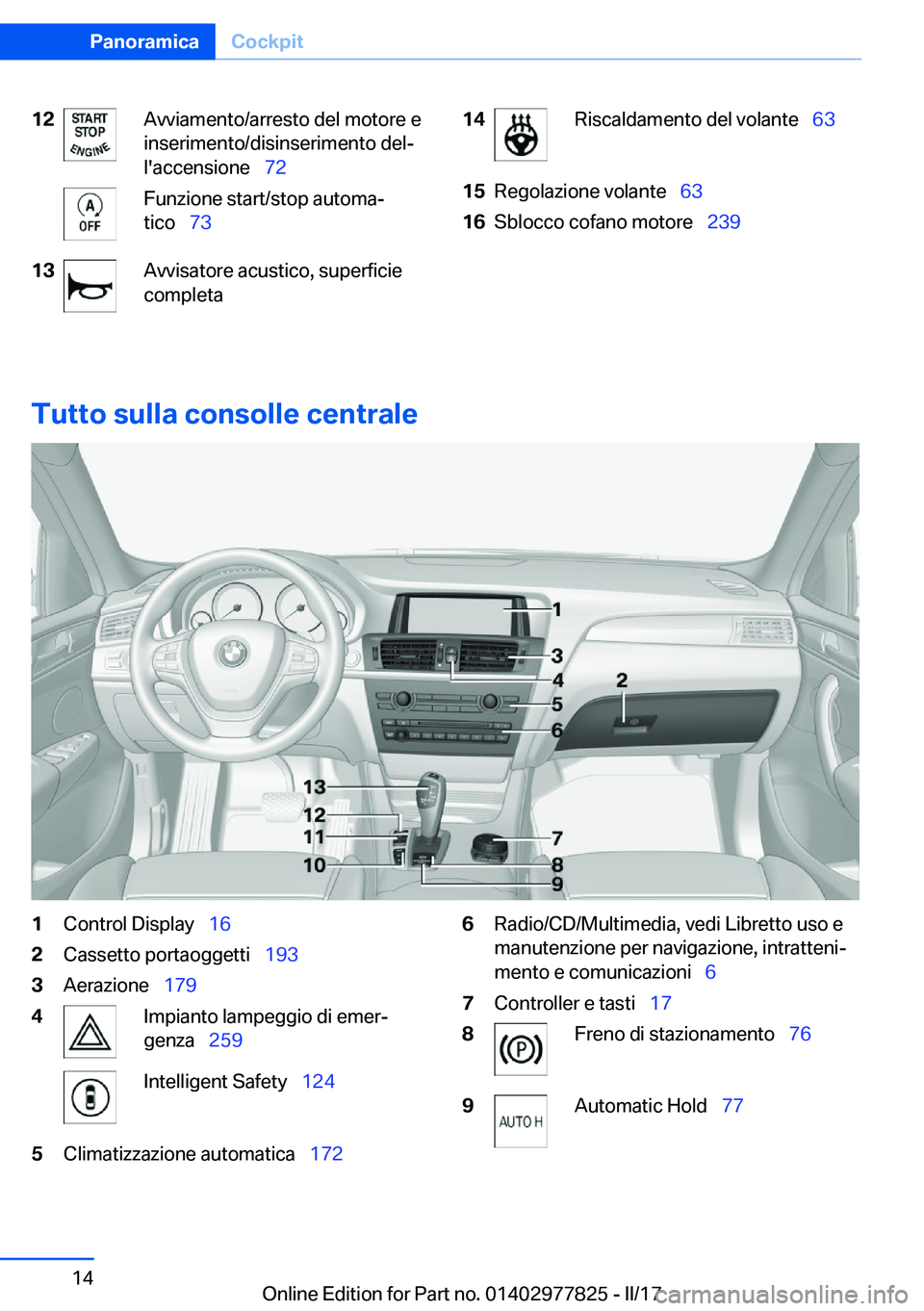 BMW X3 2017  Libretti Di Uso E manutenzione (in Italian) �1�2�A�v�v�i�a�m�e�n�t�o�/�a�r�r�e�s�t�o� �d�e�l� �m�o�t�o�r�e� �e
�i�n�s�e�r�i�m�e�n�t�o�/�d�i�s�i�n�s�e�r�i�m�e�n�t�o� �d�e�lª
�l�'�a�c�c�e�n�s�i�o�n�e\_ �7�2�F�u�n�z�i�o�n�e� �s�t�a�r�t�/�s