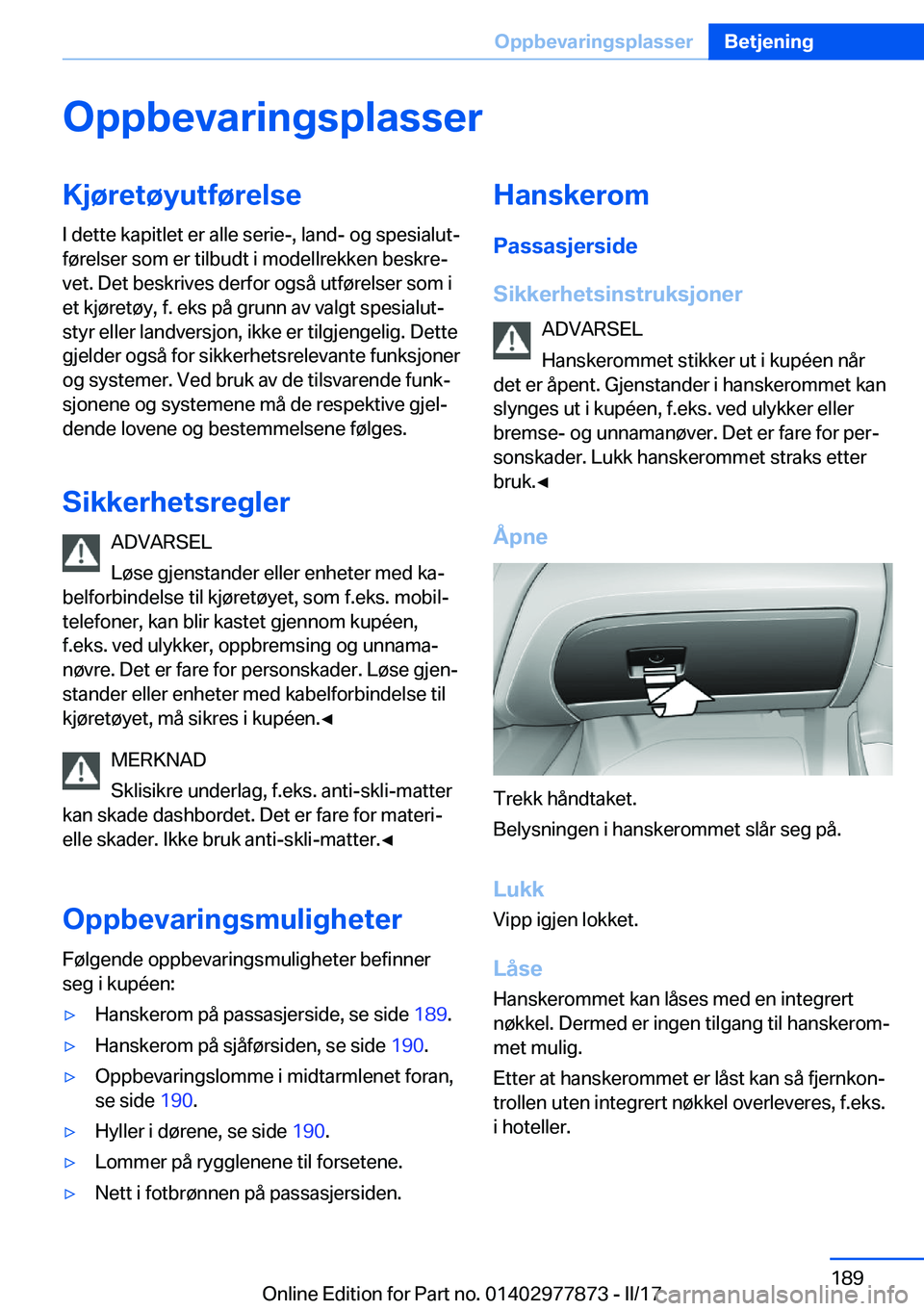 BMW X3 2017  InstruksjonsbØker (in Norwegian) �O�p�p�b�e�v�a�r�i�n�g�s�p�l�a�s�s�e�r�K�j�