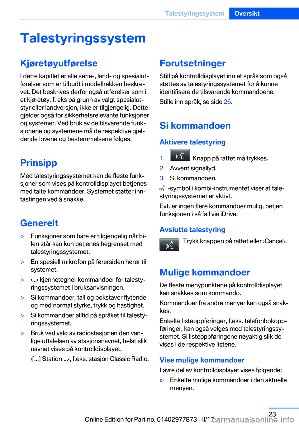 BMW X3 2017  InstruksjonsbØker (in Norwegian) �T�a�l�e�s�t�y�r�i�n�g�s�s�y�s�t�e�m�K�j�