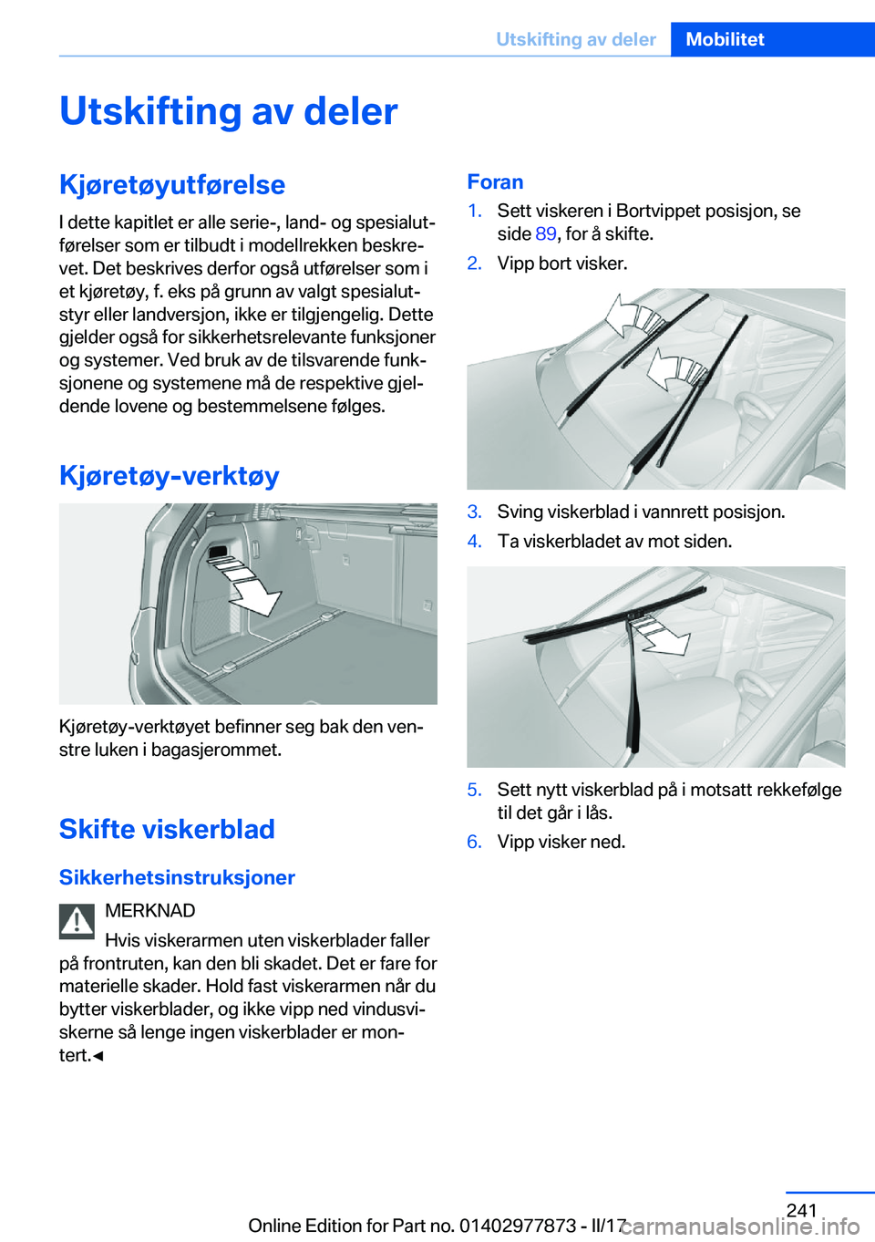 BMW X3 2017  InstruksjonsbØker (in Norwegian) �U�t�s�k�i�f�t�i�n�g��a�v��d�e�l�e�r�K�j�