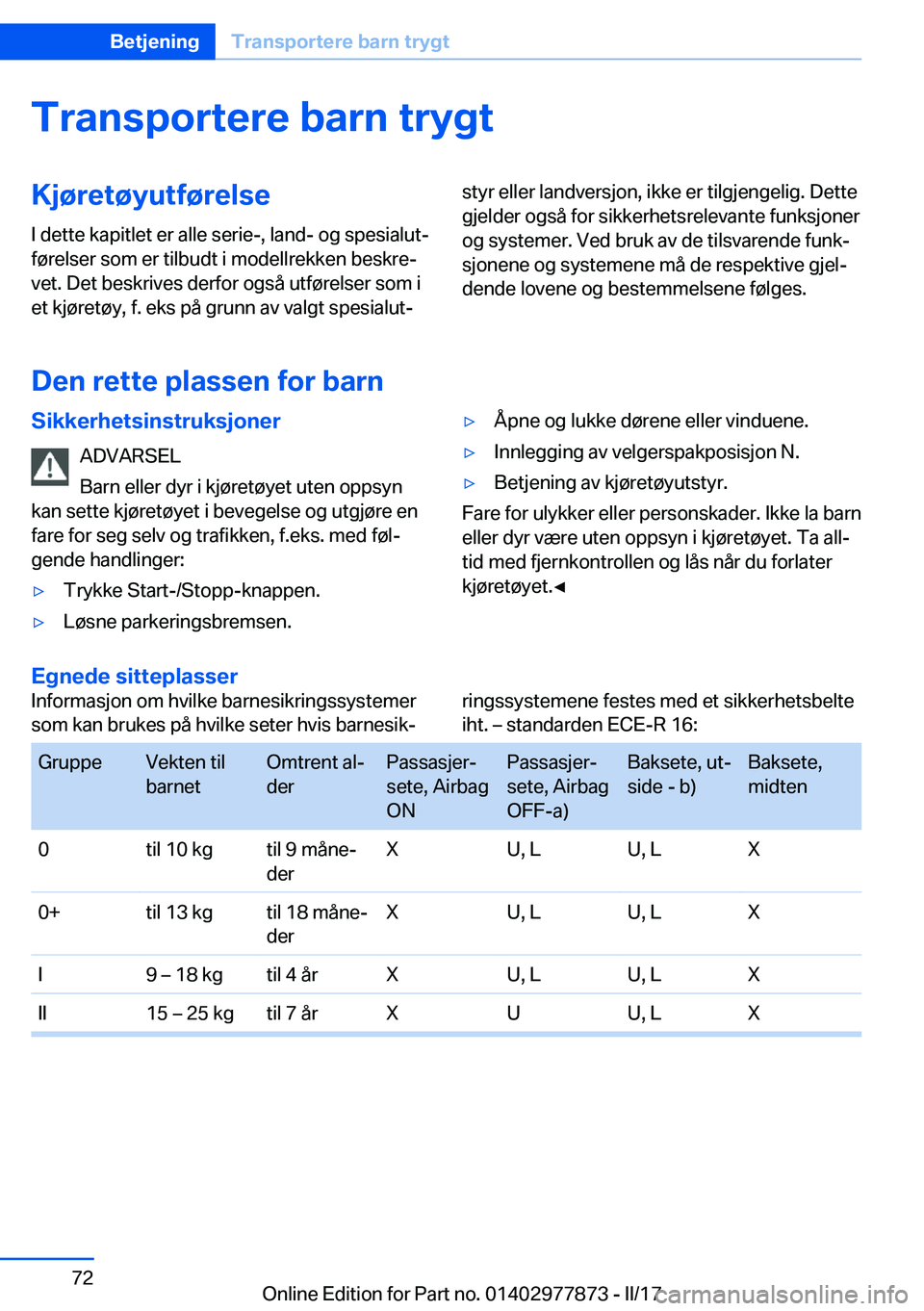 BMW X3 2017  InstruksjonsbØker (in Norwegian) �T�r�a�n�s�p�o�r�t�e�r�e��b�a�r�n��t�r�y�g�t�K�j�