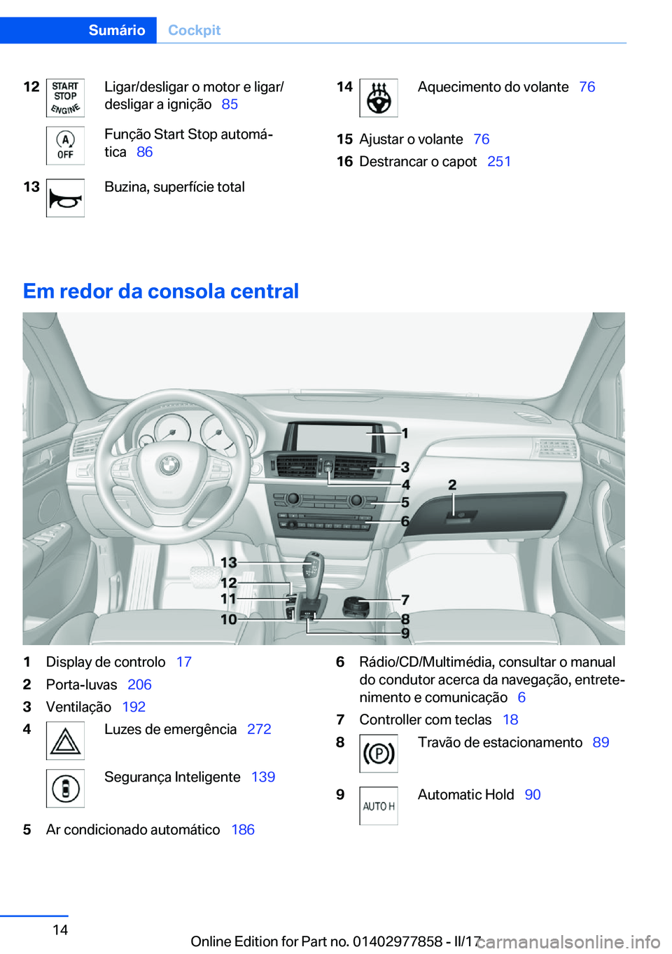 BMW X3 2017  Manual do condutor (in Portuguese) �1�2�L�i�g�a�r�/�d�e�s�l�i�g�a�r� �o� �m�o�t�o�r� �e� �l�i�g�a�r�/
�d�e�s�l�i�g�a�r� �a� �i�g�n�i�ç�ã�o\_ �8�5�F�u�n�ç�ã�o� �S�t�a�r�t� �S�t�o�p� �a�u�t�o�m�áª
�t�i�c�a\_ �8�6�1�3�B�u�z�i�n