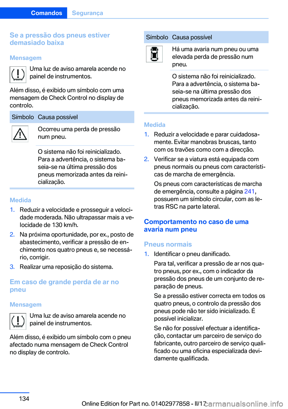 BMW X3 2017  Manual do condutor (in Portuguese) �S�e��a��p�r�e�s�s�ã�o��d�o�s��p�n�e�u�s��e�s�t�i�v�e�r
�d�e�m�a�s�i�a�d�o��b�a�i�x�a
�M�e�n�s�a�g�e�m �U�m�a� �l�u�z� �d�e� �a�v�i�s�o� �a�m�a�r�e�l�a� �a�c�e�n�d�e� �n�o
�p�a�i�n�e�l� �d�e� �