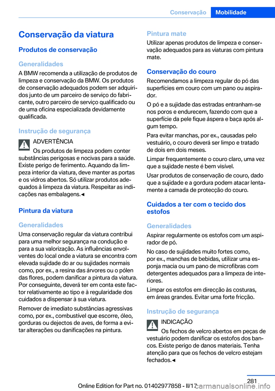 BMW X3 2017  Manual do condutor (in Portuguese) �C�o�n�s�e�r�v�a�