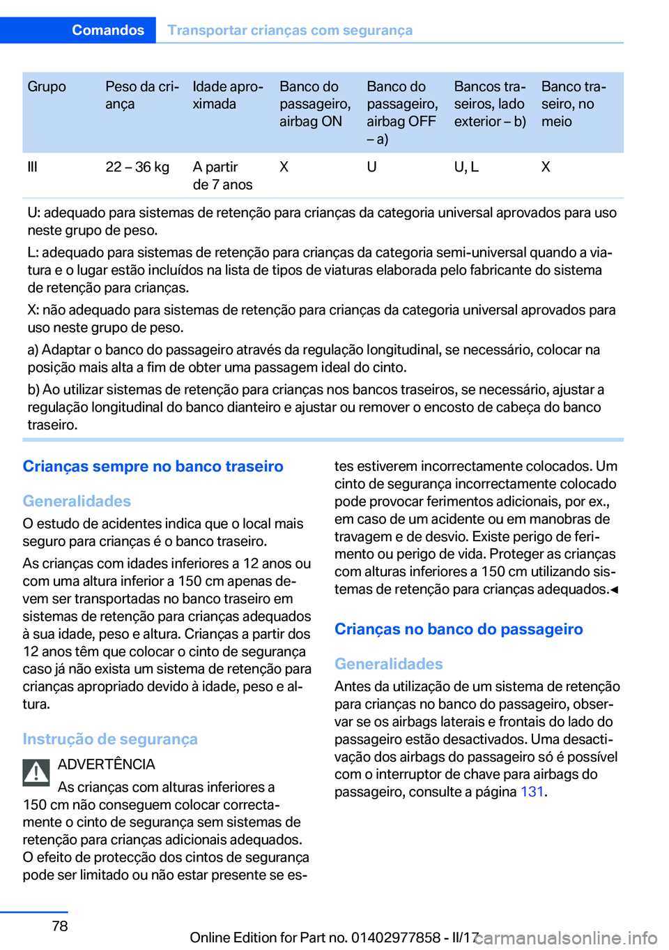 BMW X3 2017  Manual do condutor (in Portuguese) �G�r�u�p�o�P�e�s�o� �d�a� �c�r�iª
�a�n�ç�a�I�d�a�d�e� �a�p�r�oª
�x�i�m�a�d�a�B�a�n�c�o� �d�o
�p�a�s�s�a�g�e�i�r�o�,
�a�i�r�b�a�g� �O�N�B�a�n�c�o� �d�o
�p�a�s�s�a�g�e�i�r�o�,
�a�i�r�b�a�g� �O�F�F
