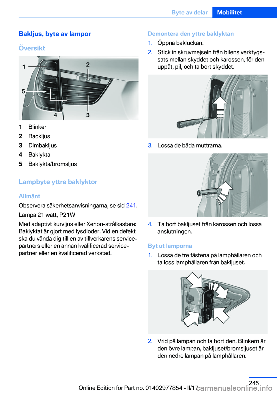 BMW X3 2017  InstruktionsbÖcker (in Swedish) �B�a�k�l�j�u�s�,��b�y�t�e��a�v��l�a�m�p�o�r
�