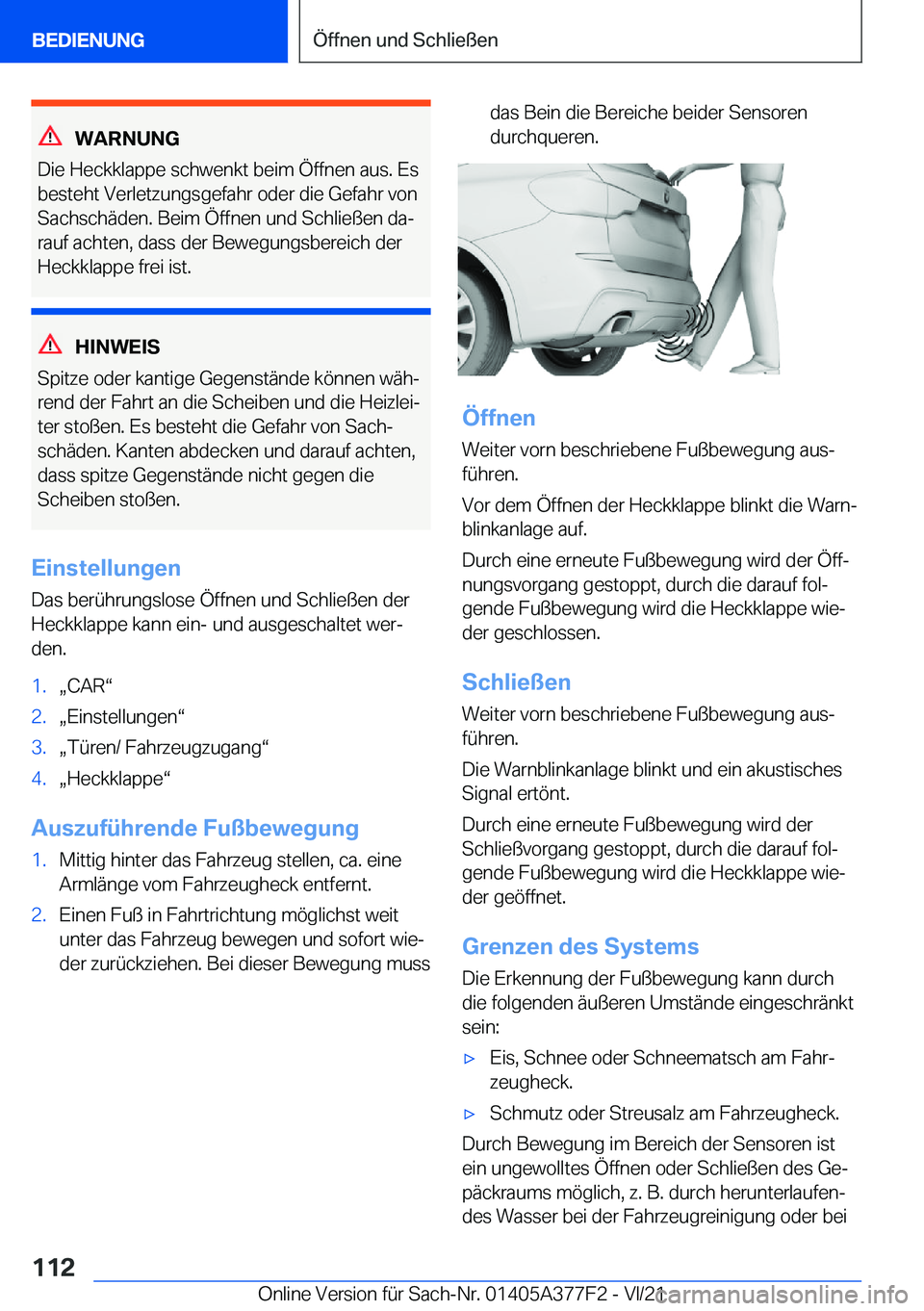 BMW X3 M 2022  Betriebsanleitungen (in German) �W�A�R�N�U�N�G
�D�i�e��H�e�c�k�k�l�a�p�p�e��s�c�h�w�e�n�k�t��b�e�i�m��