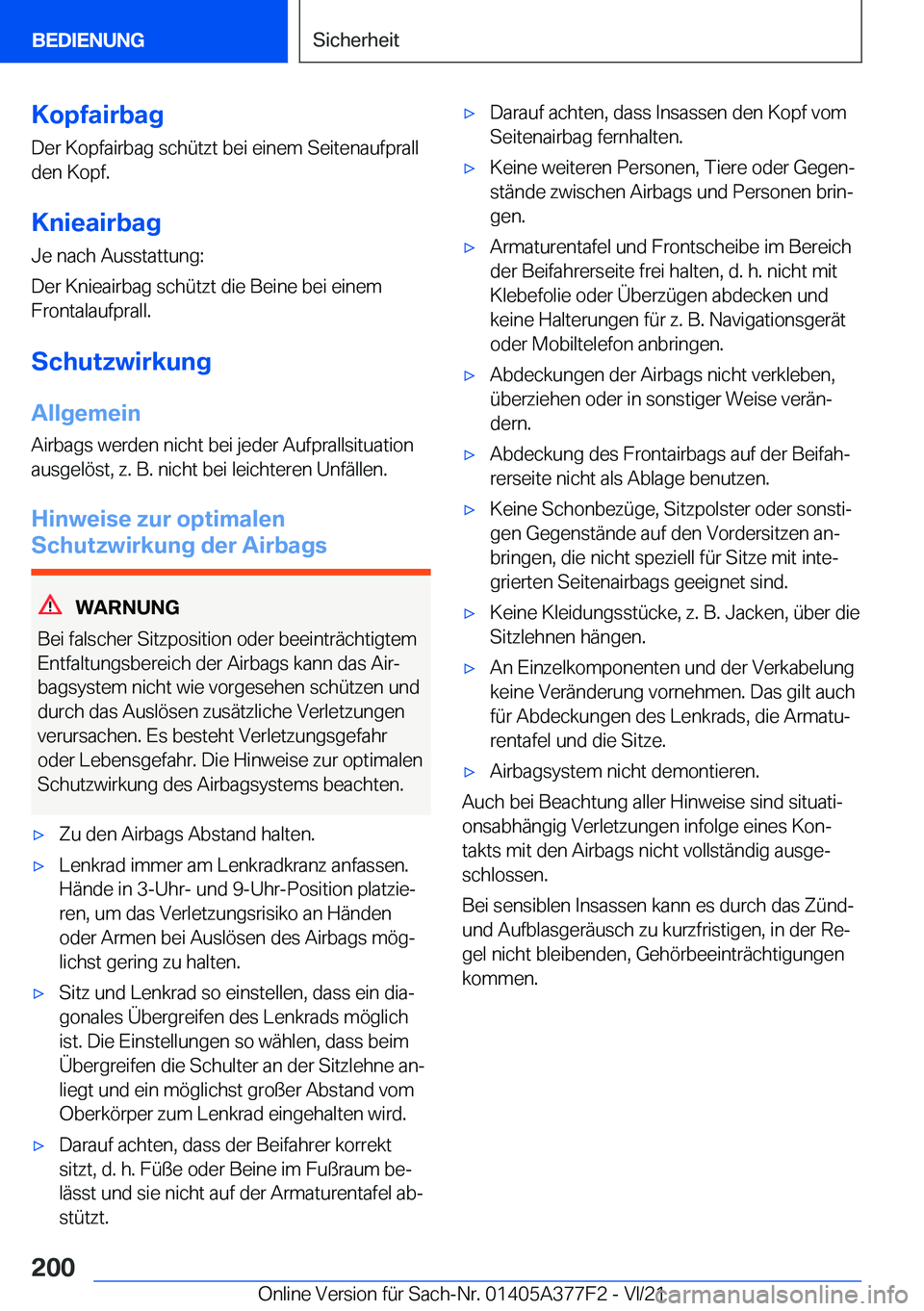 BMW X3 M 2022  Betriebsanleitungen (in German) �K�o�p�f�a�i�r�b�a�g�D�e�r��K�o�p�f�a�i�r�b�a�g��s�c�h�