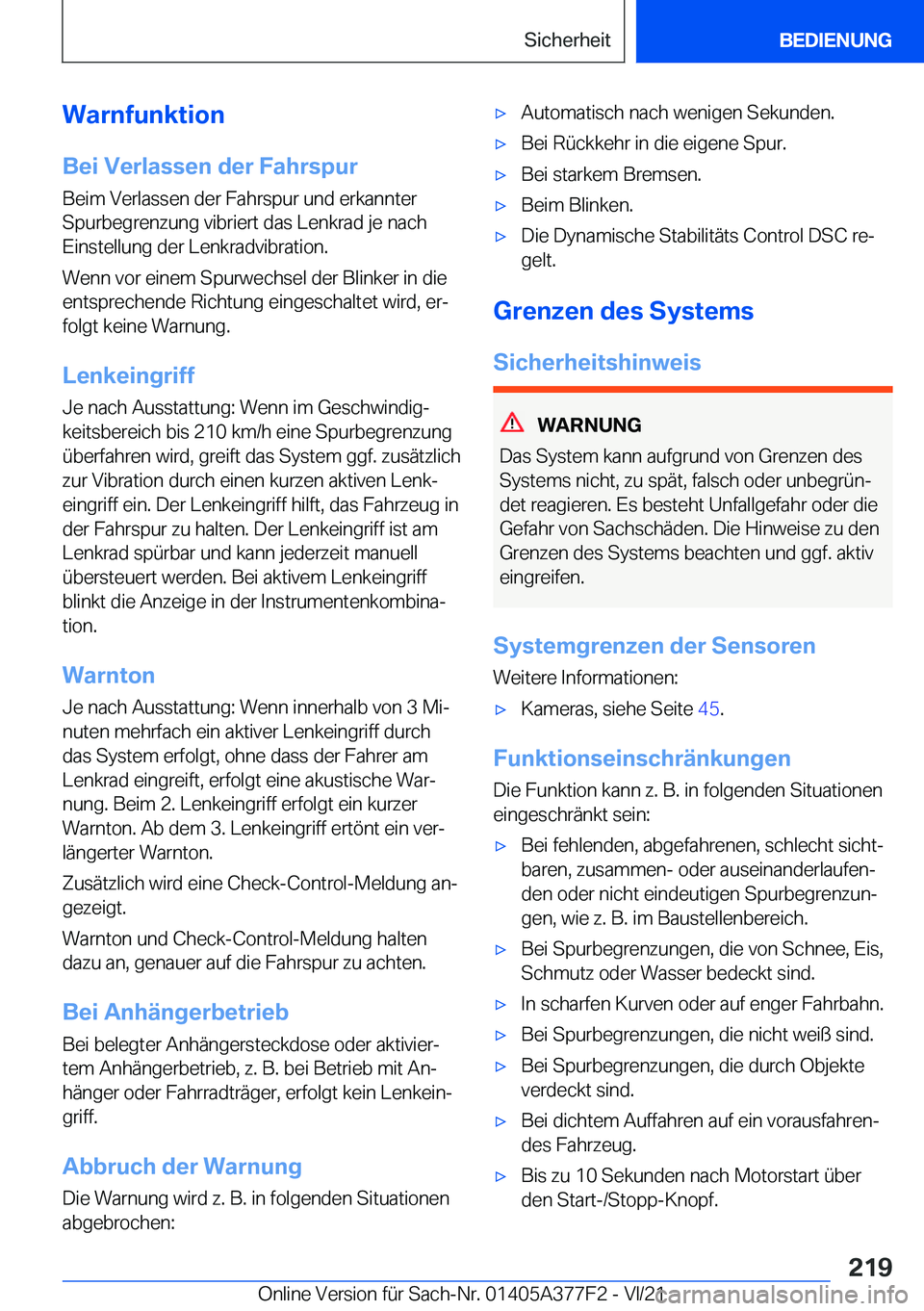 BMW X3 M 2022  Betriebsanleitungen (in German) �W�a�r�n�f�u�n�k�t�i�o�n
�B�e�i��V�e�r�l�a�s�s�e�n��d�e�r��F�a�h�r�s�p�u�r �B�e�i�m��V�e�r�l�a�s�s�e�n��d�e�r��F�a�h�r�s�p�u�r��u�n�d��e�r�k�a�n�n�t�e�r�S�p�u�r�b�e�g�r�e�n�z�u�n�g��v�i�b�r�i