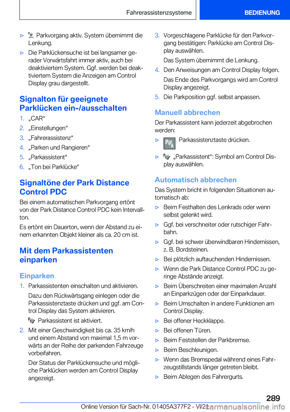 BMW X3 M 2022  Betriebsanleitungen (in German) 'x���P�a�r�k�v�o�r�g�a�n�g��a�k�t�i�v�.��S�y�s�t�e�m��