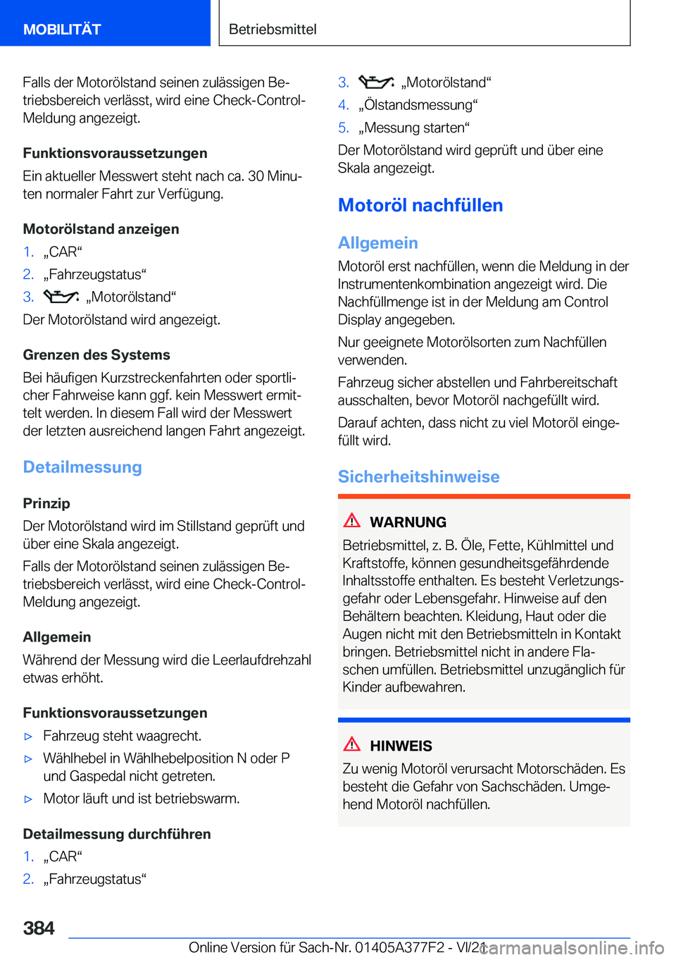 BMW X3 M 2022  Betriebsanleitungen (in German) �F�a�l�l�s��d�e�r��M�o�t�o�r�