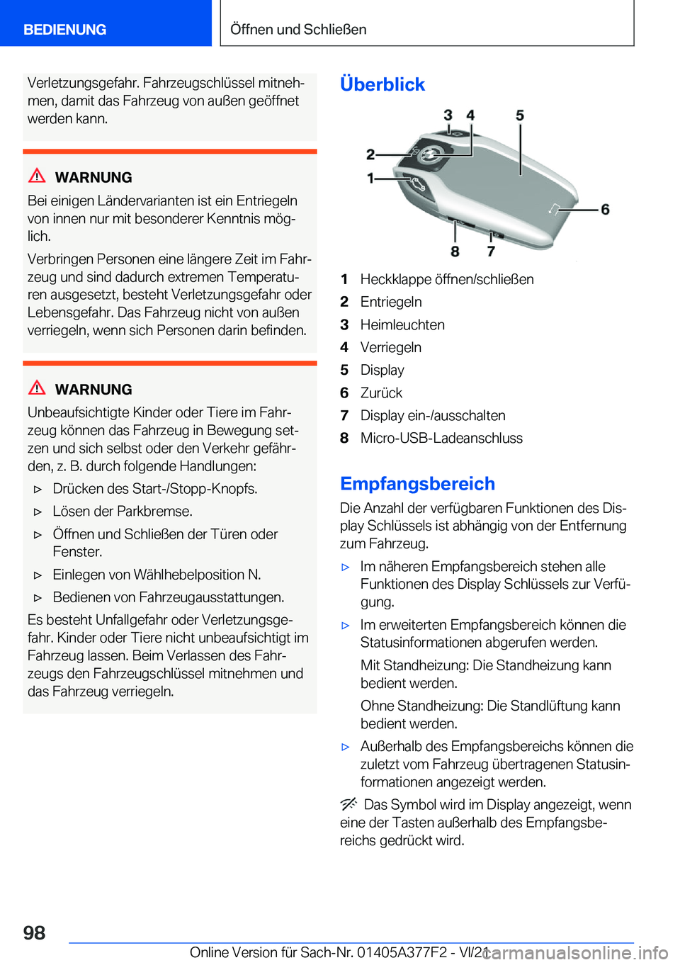 BMW X3 M 2022  Betriebsanleitungen (in German) �V�e�r�l�e�t�z�u�n�g�s�g�e�f�a�h�r�.��F�a�h�r�z�e�u�g�s�c�h�l�