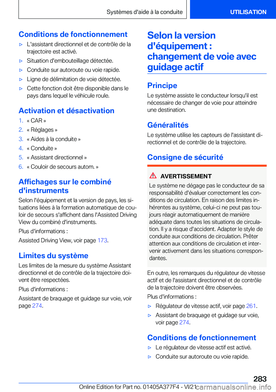 BMW X3 M 2022  Notices Demploi (in French) �C�o�n�d�i�t�i�o�n�s��d�e��f�o�n�c�t�i�o�n�n�e�m�e�n�t'x�L�'�a�s�s�i�s�t�a�n�t��d�i�r�e�c�t�i�o�n�n�e�l��e�t��d�e��c�o�n�t�r�