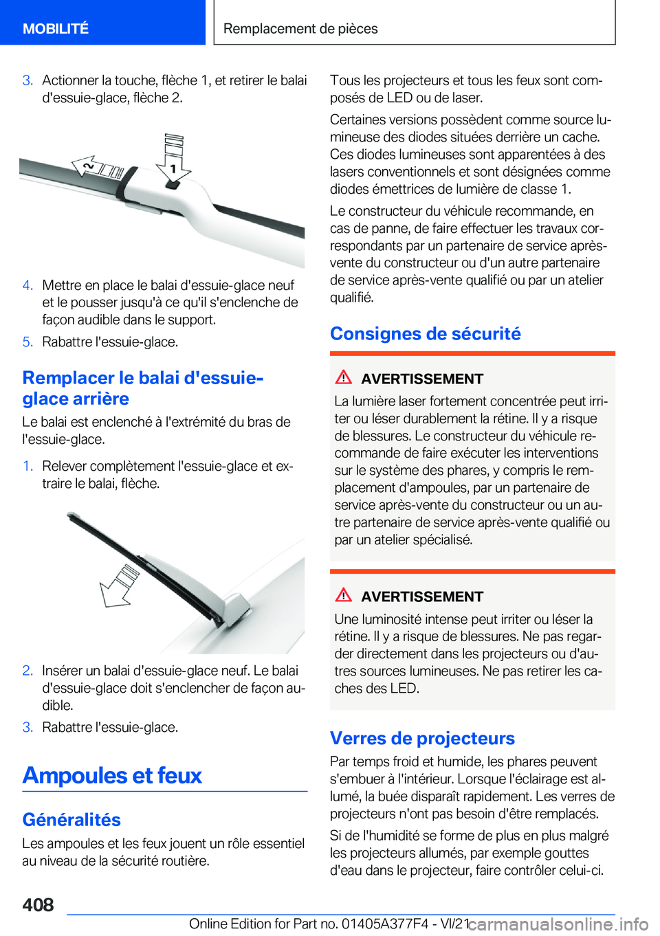 BMW X3 M 2022  Notices Demploi (in French) �3�.�A�c�t�i�o�n�n�e�r��l�a��t�o�u�c�h�e�,��f�l�è�c�h�e��1�,��e�t��r�e�t�i�r�e�r��l�e��b�a�l�a�i
�d�'�e�s�s�u�i�e�-�g�l�a�c�e�,��f�l�è�c�h�e��2�.�4�.�M�e�t�t�r�e��e�n��p�l�a�c�e��l�