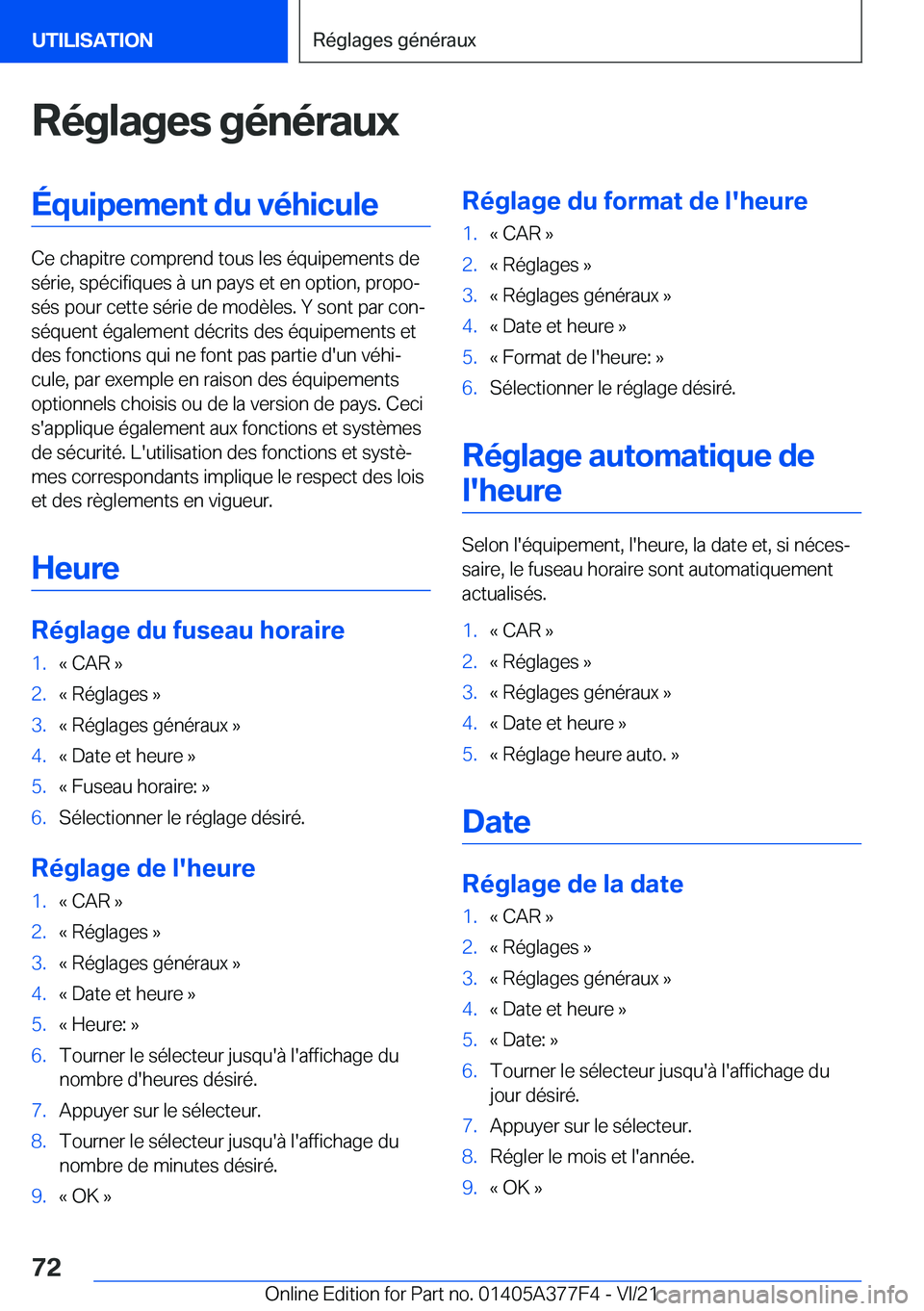 BMW X3 M 2022  Notices Demploi (in French) �R�é�g�l�a�g�e�s��g�é�n�é�r�a�u�x�